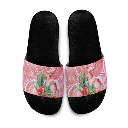 Breast Cancer Pink Cockatoo Slide Sandals Indigenous Australia Watercolor Glaze