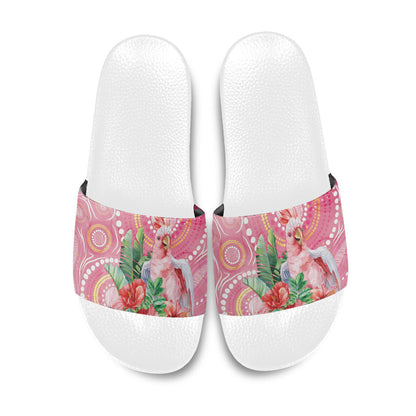 Breast Cancer Pink Cockatoo Slide Sandals Indigenous Australia Watercolor Glaze