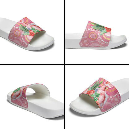 Breast Cancer Pink Cockatoo Slide Sandals Indigenous Australia Watercolor Glaze