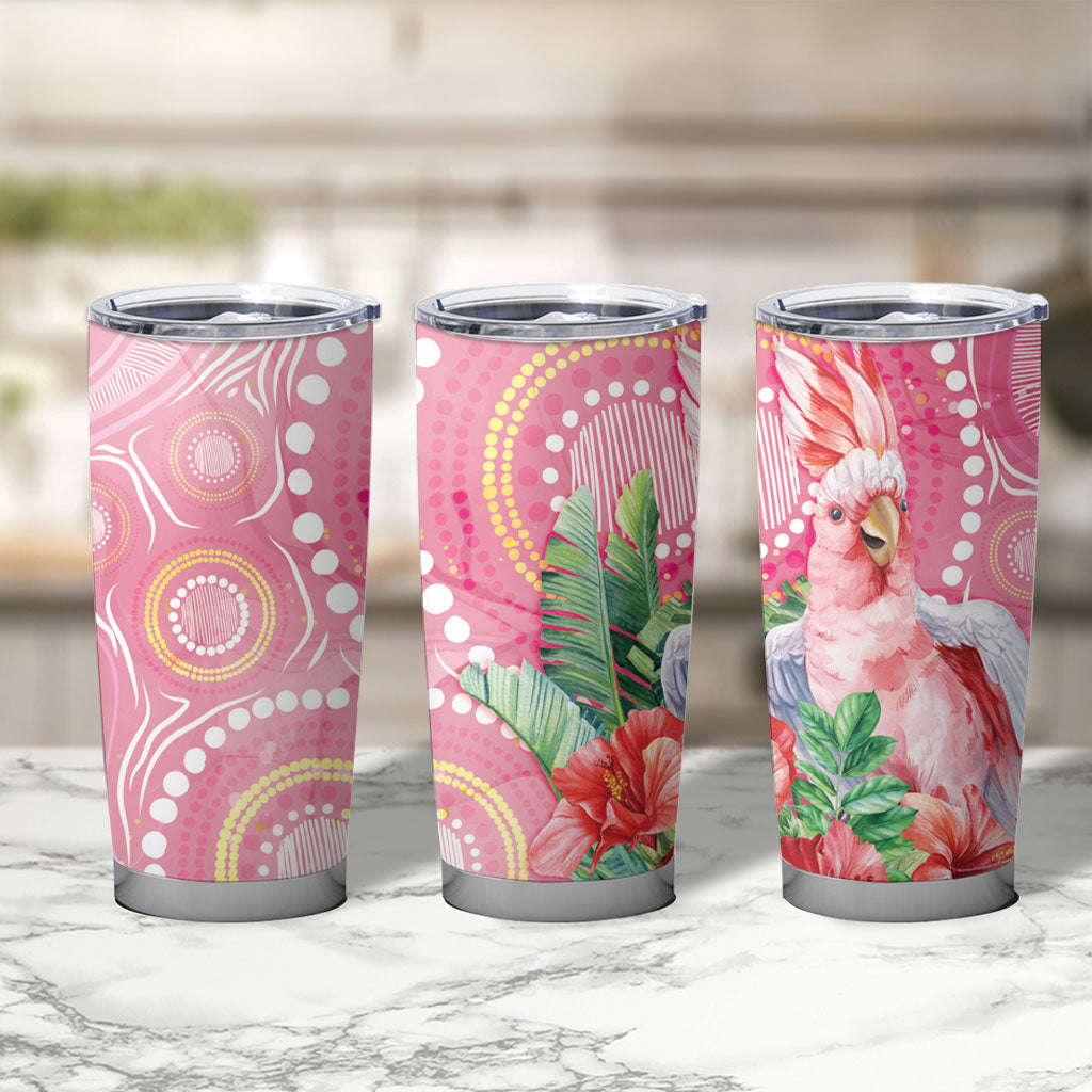 Breast Cancer Pink Cockatoo Tumbler Cup Indigenous Australia Watercolor Glaze