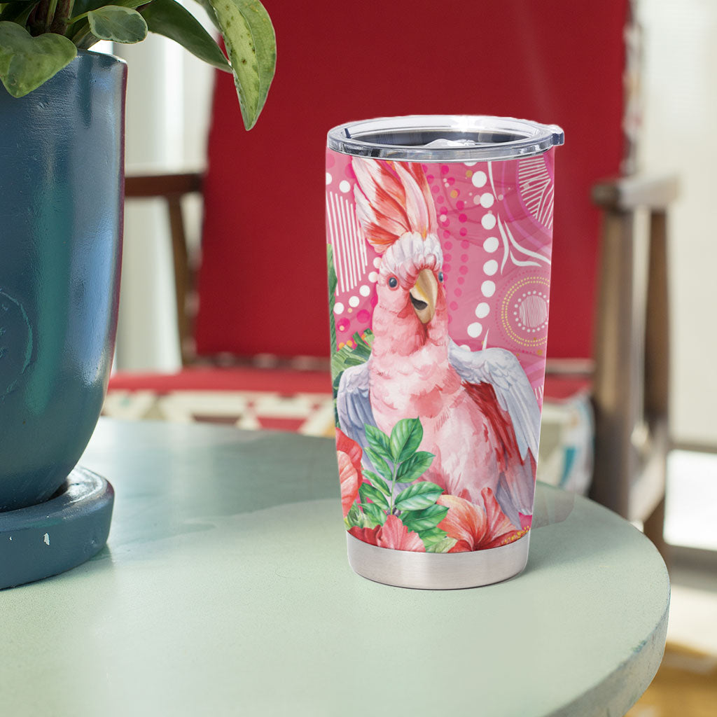 Breast Cancer Pink Cockatoo Tumbler Cup Indigenous Australia Watercolor Glaze