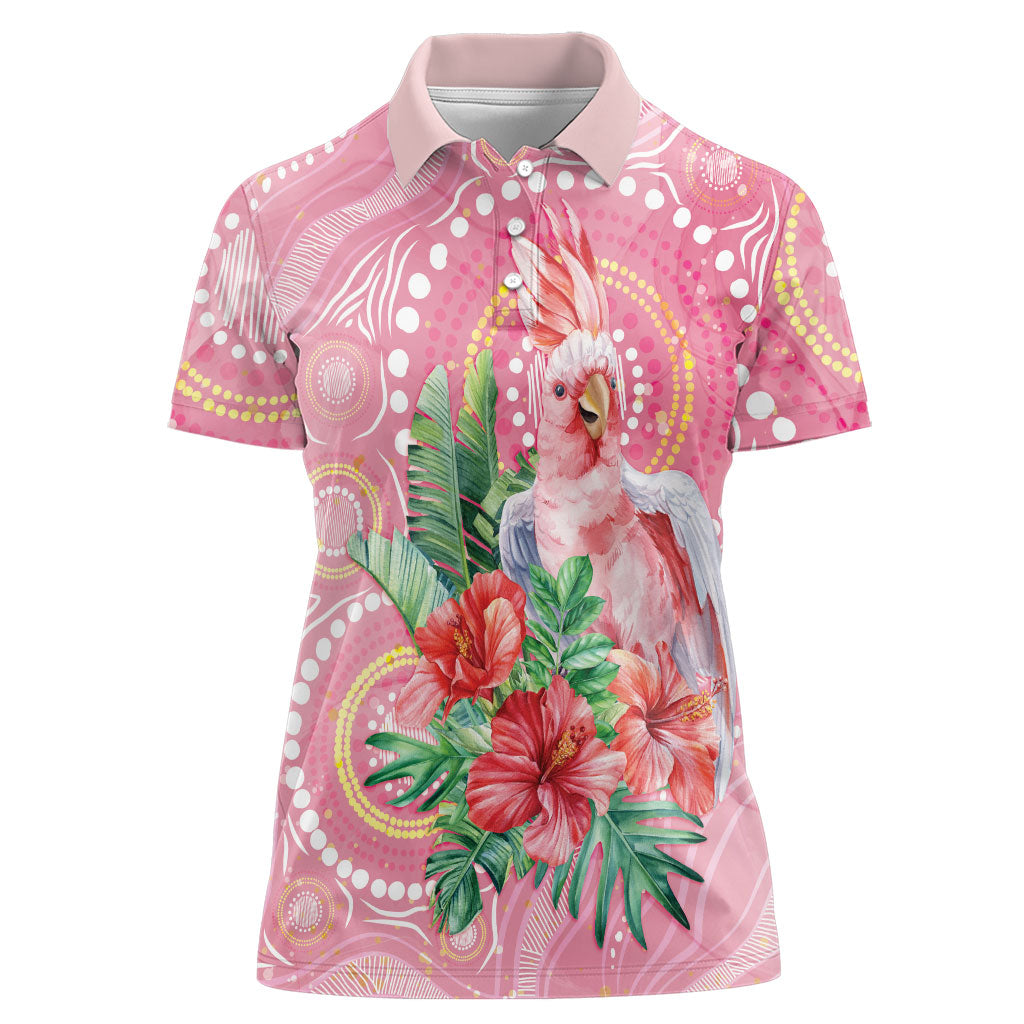 Breast Cancer Pink Cockatoo Women Polo Shirt Indigenous Australia Watercolor Glaze