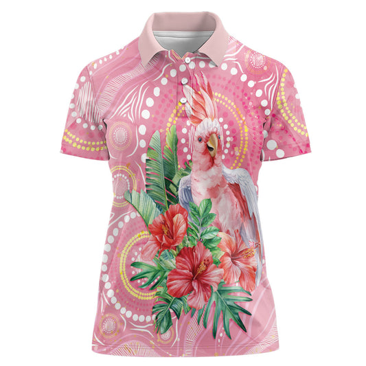 Breast Cancer Pink Cockatoo Women Polo Shirt Indigenous Australia Watercolor Glaze