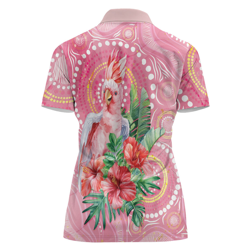 Breast Cancer Pink Cockatoo Women Polo Shirt Indigenous Australia Watercolor Glaze