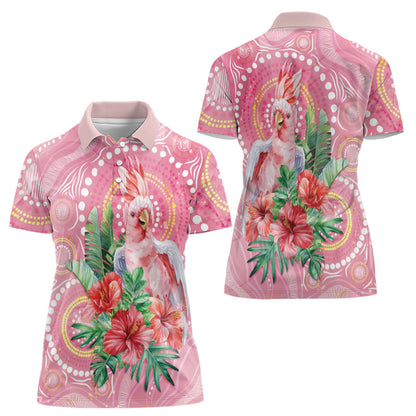 Breast Cancer Pink Cockatoo Women Polo Shirt Indigenous Australia Watercolor Glaze