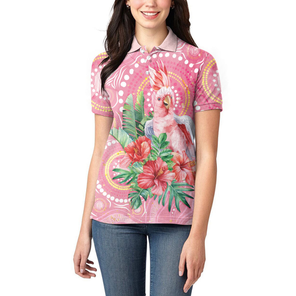 Breast Cancer Pink Cockatoo Women Polo Shirt Indigenous Australia Watercolor Glaze