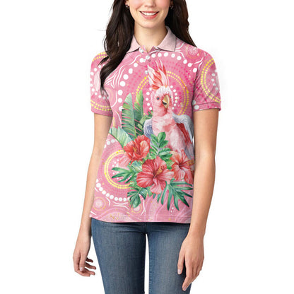 Breast Cancer Pink Cockatoo Women Polo Shirt Indigenous Australia Watercolor Glaze