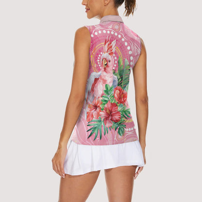 Breast Cancer Pink Cockatoo Women Sleeveless Polo Shirt Indigenous Australia Watercolor Glaze