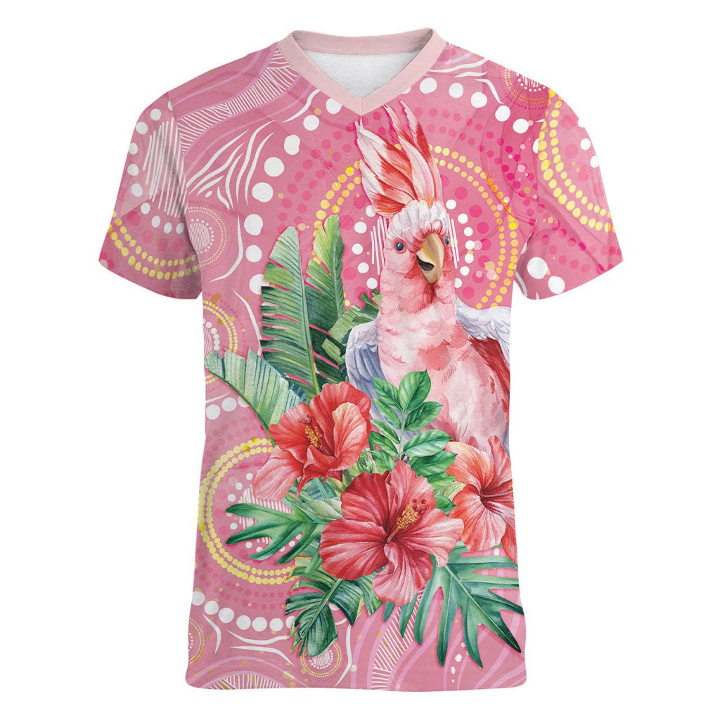 Breast Cancer Pink Cockatoo Women V-Neck T-Shirt Indigenous Australia Watercolor Glaze