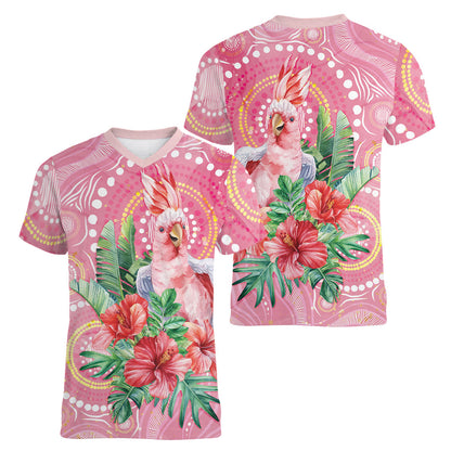 Breast Cancer Pink Cockatoo Women V-Neck T-Shirt Indigenous Australia Watercolor Glaze