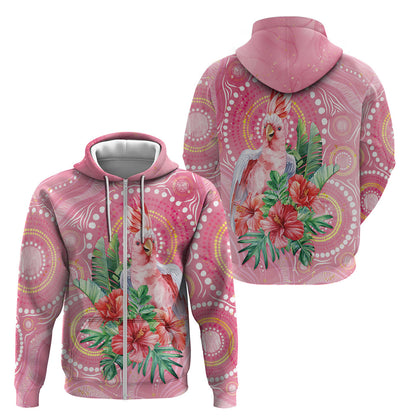 Breast Cancer Pink Cockatoo Zip Hoodie Indigenous Australia Watercolor Glaze