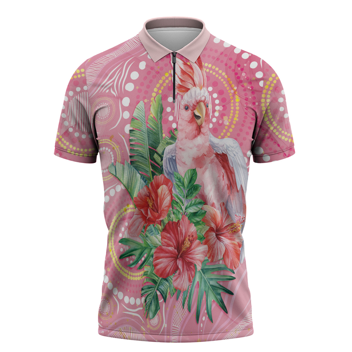 Breast Cancer Pink Cockatoo Zipper Polo Shirt Indigenous Australia Watercolor Glaze
