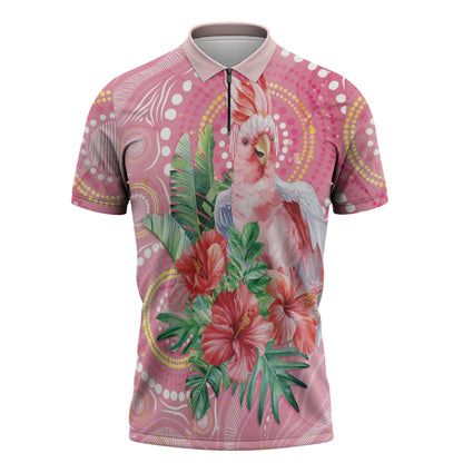 Breast Cancer Pink Cockatoo Zipper Polo Shirt Indigenous Australia Watercolor Glaze