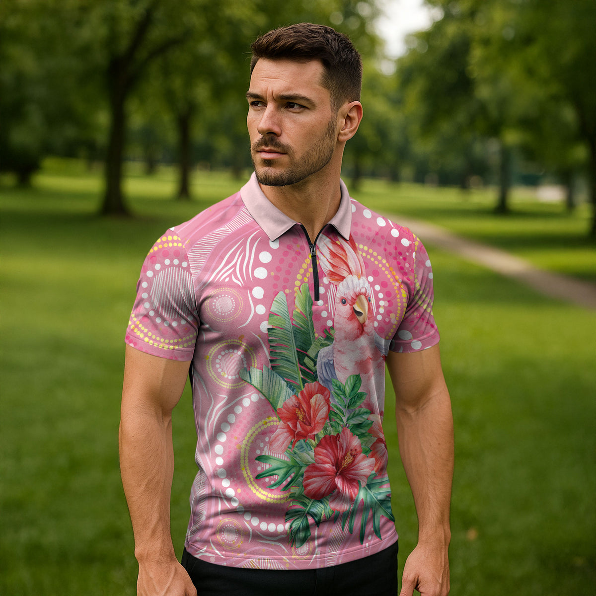 Breast Cancer Pink Cockatoo Zipper Polo Shirt Indigenous Australia Watercolor Glaze