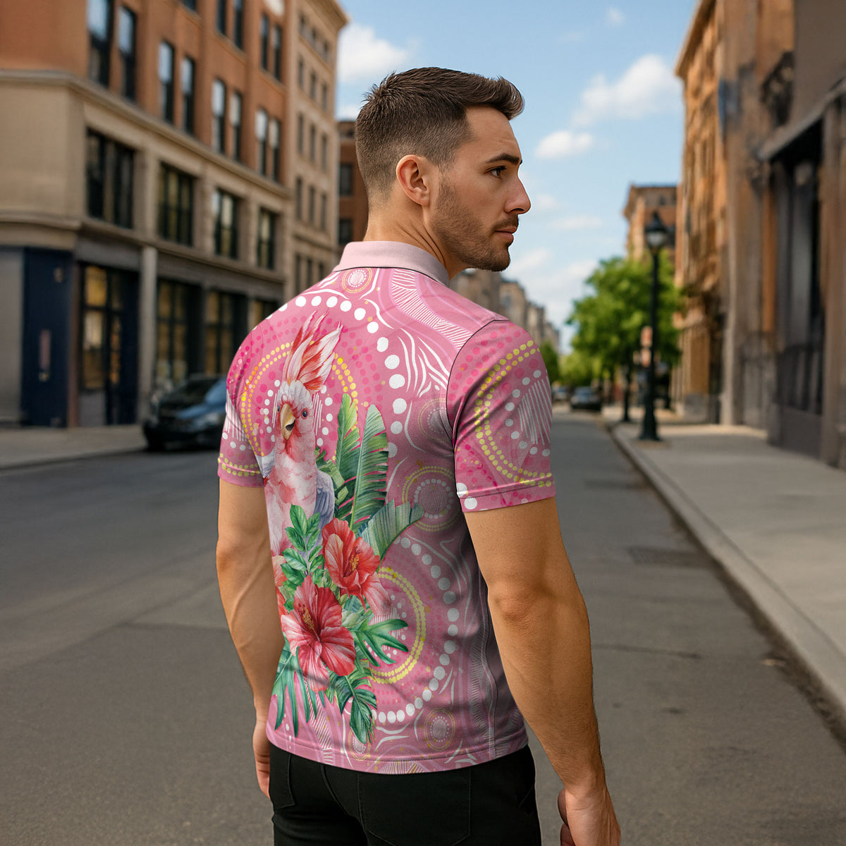 Breast Cancer Pink Cockatoo Zipper Polo Shirt Indigenous Australia Watercolor Glaze