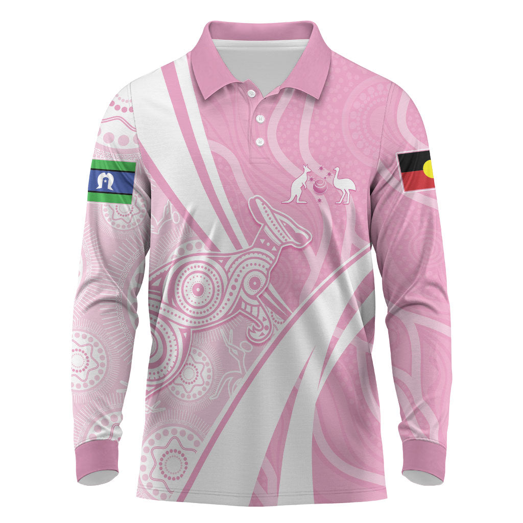 Australia Bowls Personalised Indigenous Pink Round Long Sleeve Polo Shirt