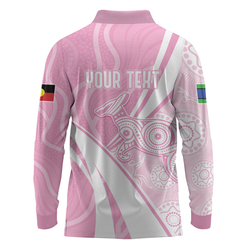 Australia Bowls Personalised Indigenous Pink Round Long Sleeve Polo Shirt