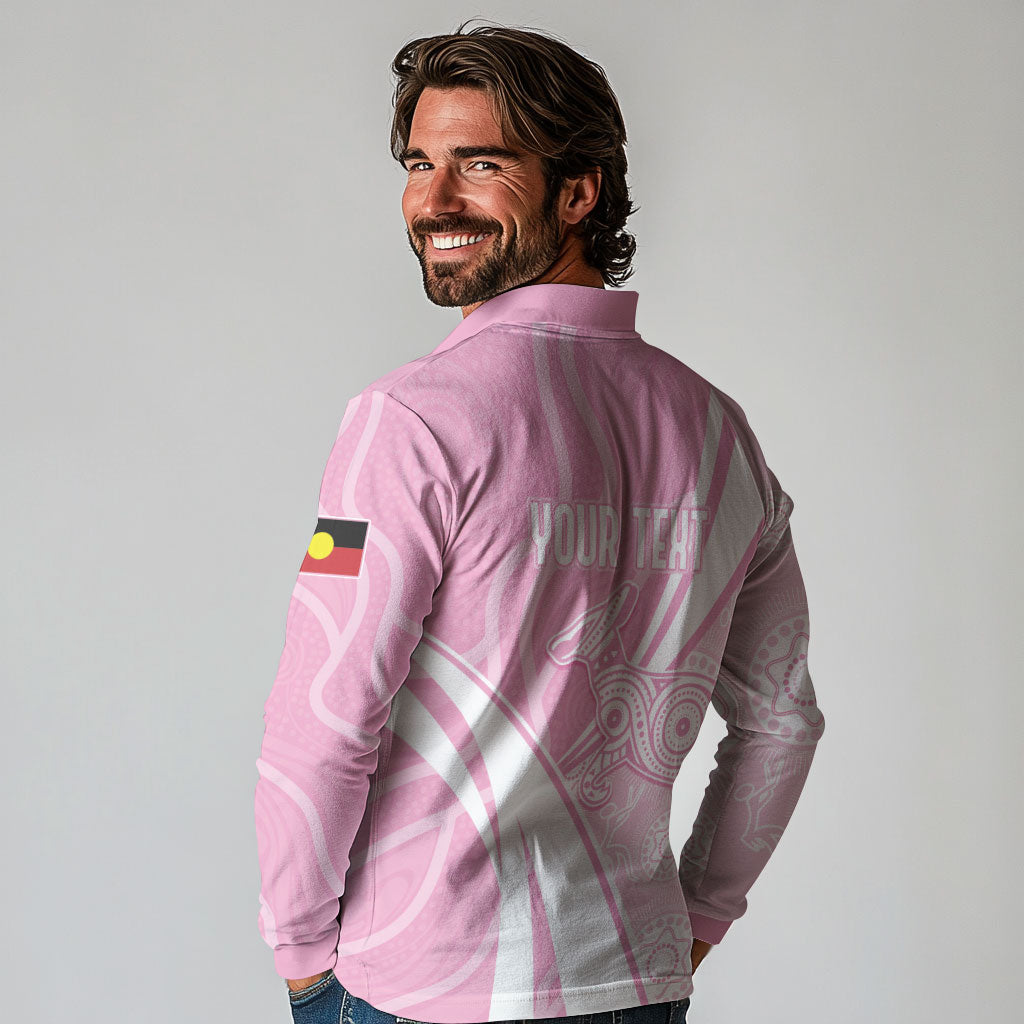 Australia Bowls Personalised Indigenous Pink Round Long Sleeve Polo Shirt