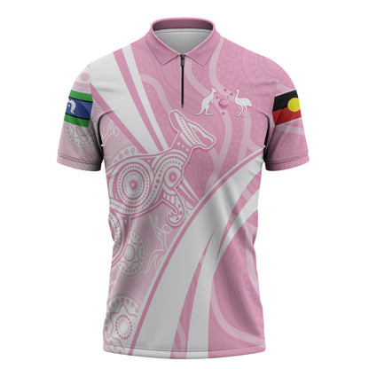 Australia Bowls Personalised Indigenous Pink Round Zipper Polo Shirt