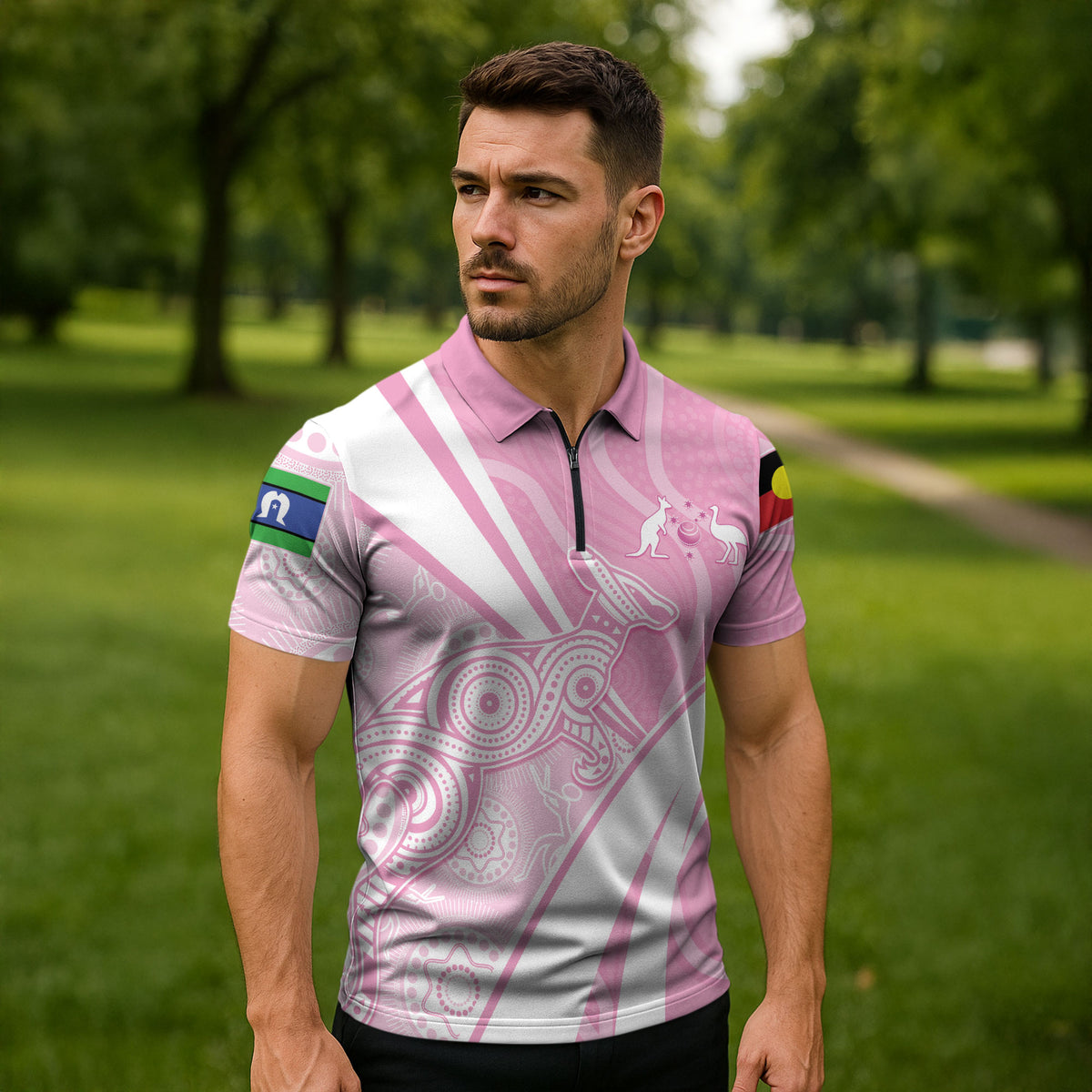 Australia Bowls Personalised Indigenous Pink Round Zipper Polo Shirt