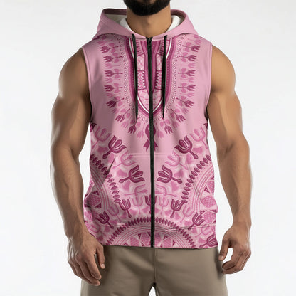 Dashiki Glamorous Pink Sleeveless Zip Hoodie Breast Cancer Fighter