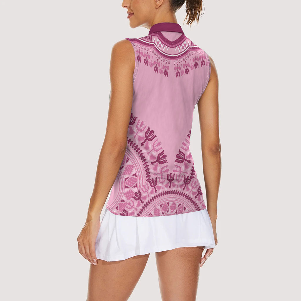 Dashiki Glamorous Pink Women Sleeveless Polo Shirt Breast Cancer Fighter