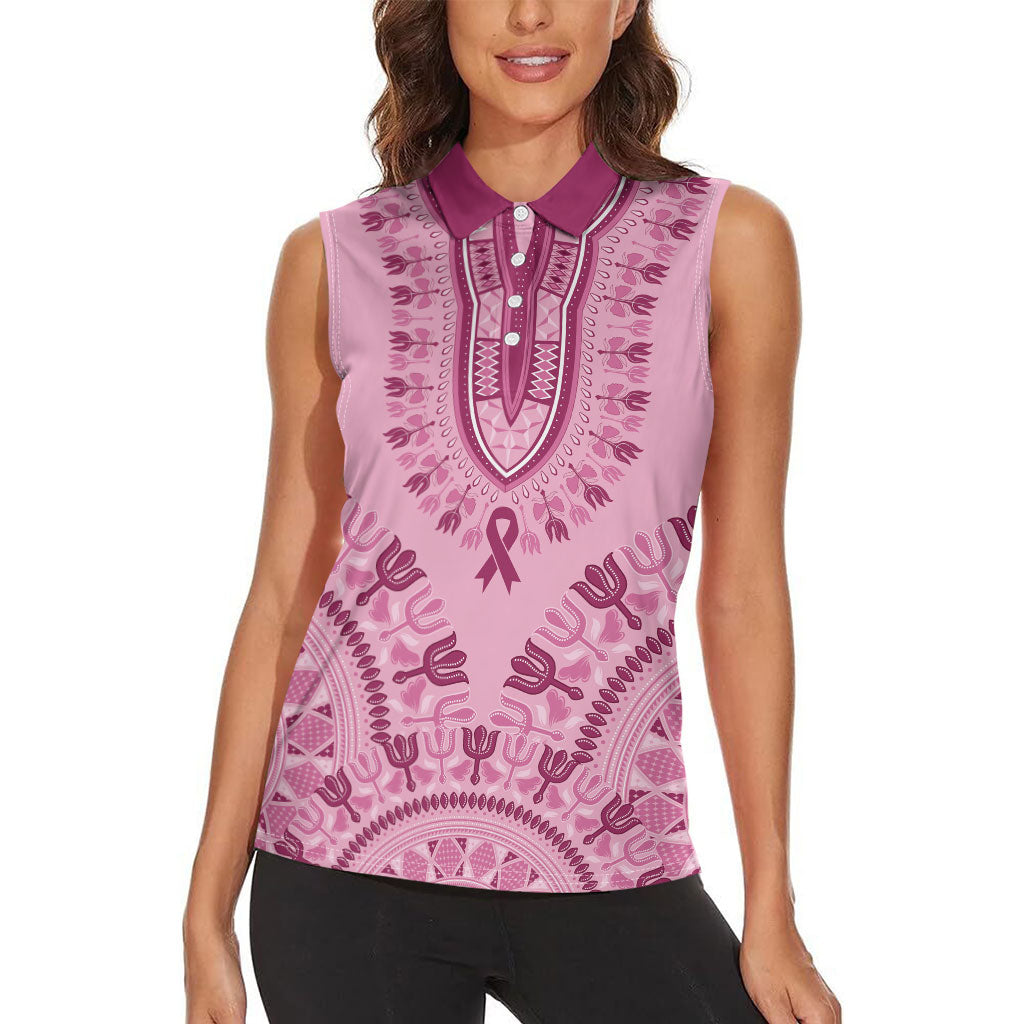 Dashiki Glamorous Pink Women Sleeveless Polo Shirt Breast Cancer Fighter