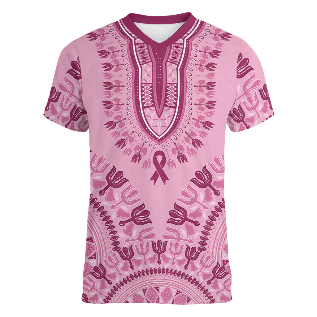 Dashiki Glamorous Pink Women V-Neck T-Shirt Breast Cancer Fighter