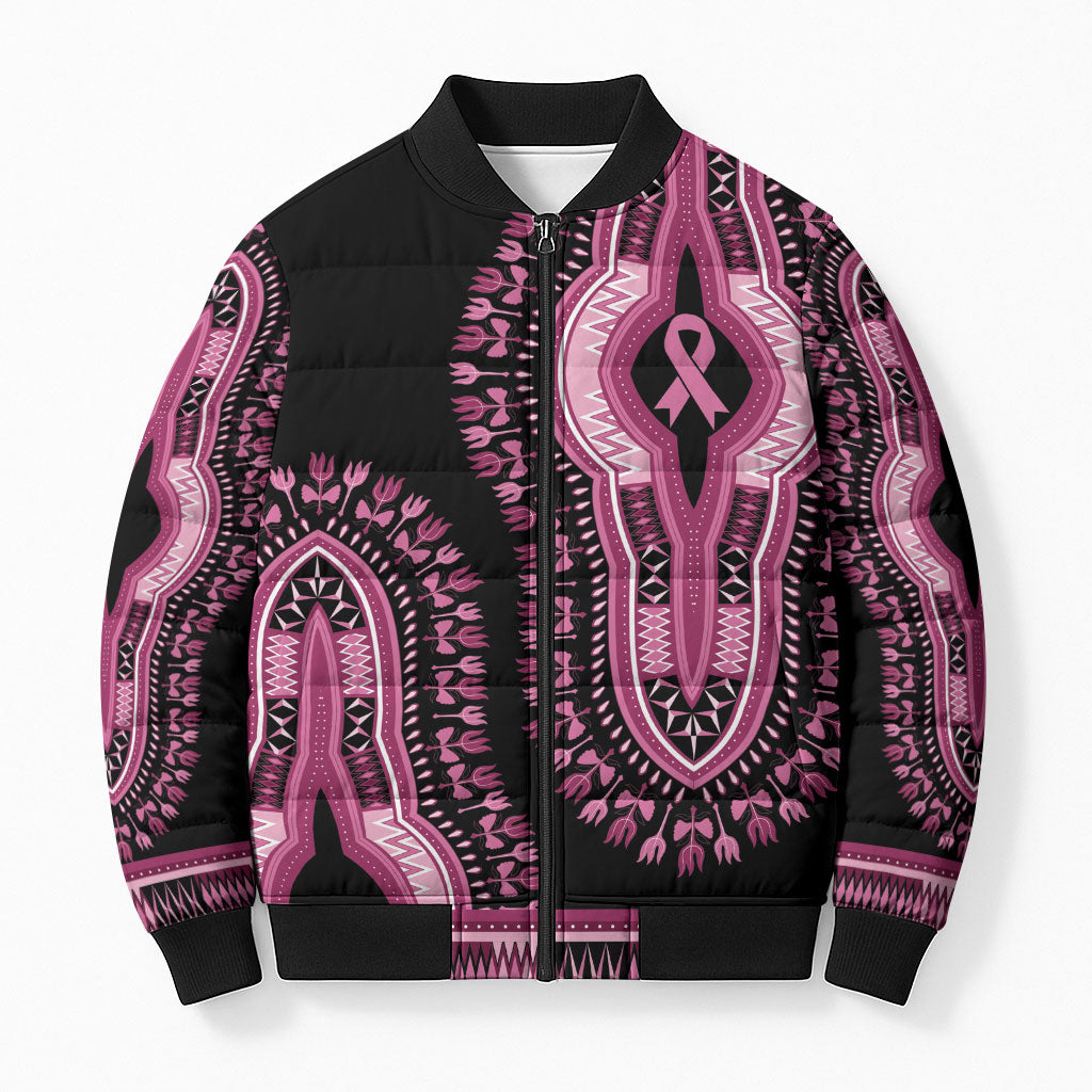 Breast Cancer Pink Ribbon Bomber Puffer Jacket Dashiki Style