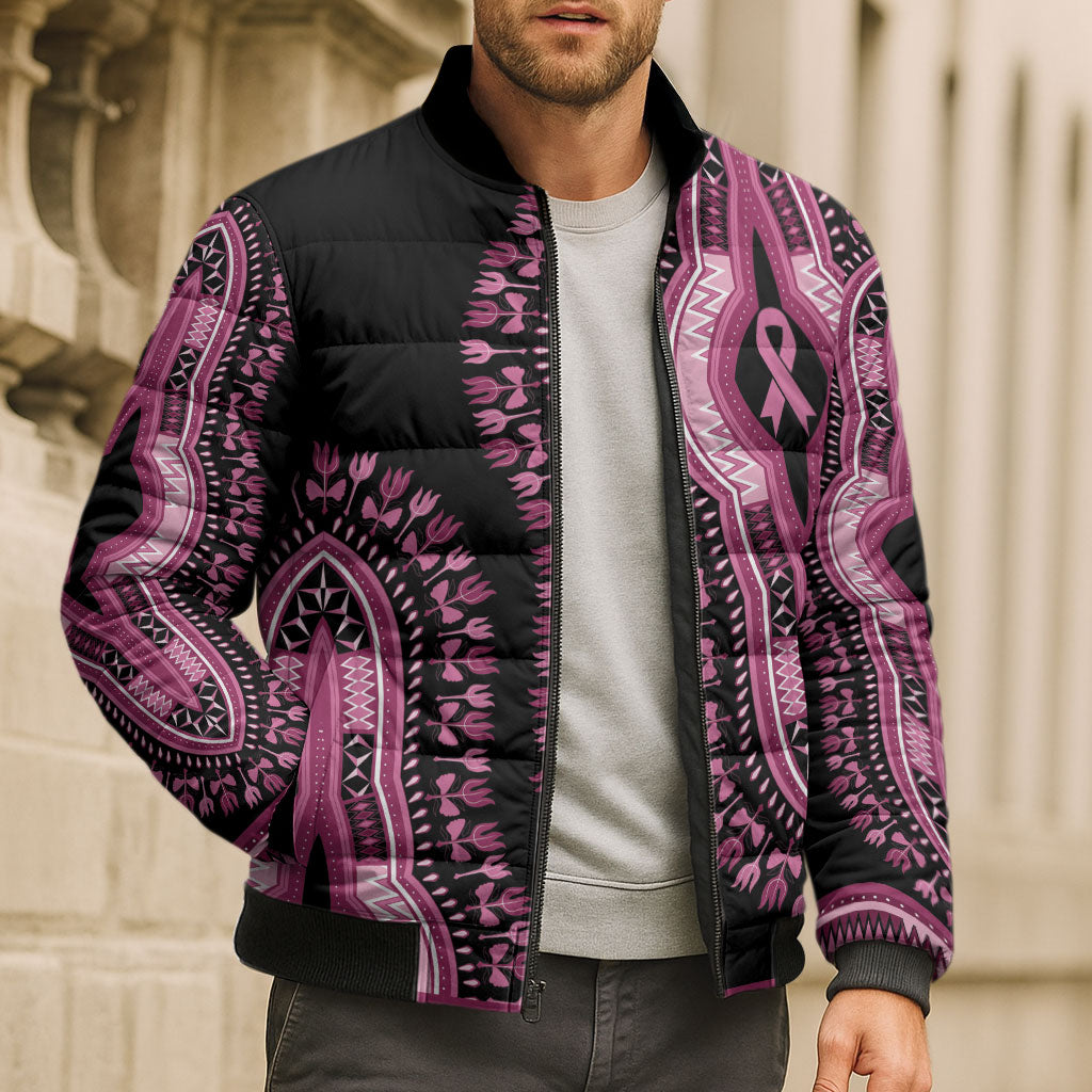 Breast Cancer Pink Ribbon Bomber Puffer Jacket Dashiki Style