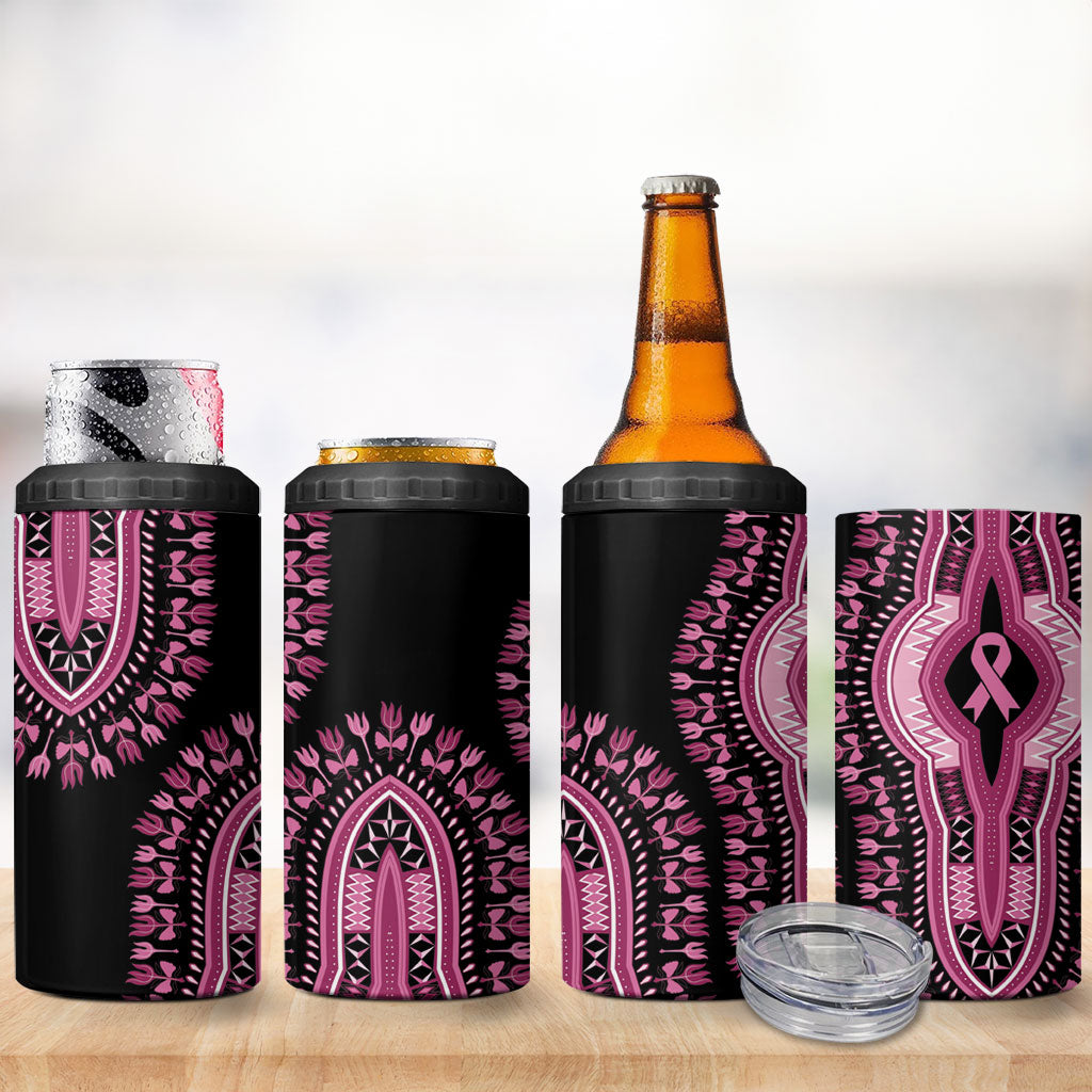 Breast Cancer Pink Ribbon 4 in 1 Can Cooler Tumbler Dashiki Style