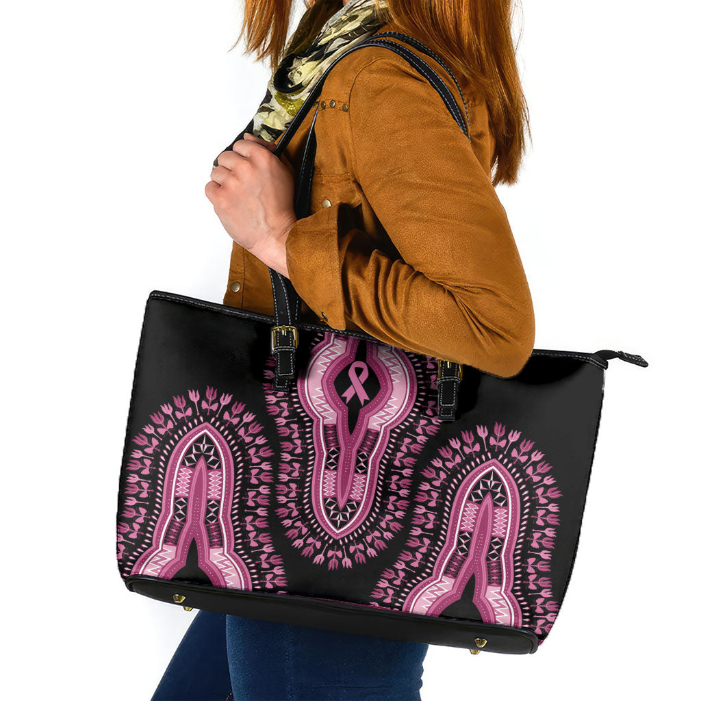 Breast Cancer Pink Ribbon Leather Tote Bag Dashiki Style