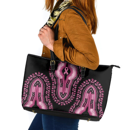 Breast Cancer Pink Ribbon Leather Tote Bag Dashiki Style