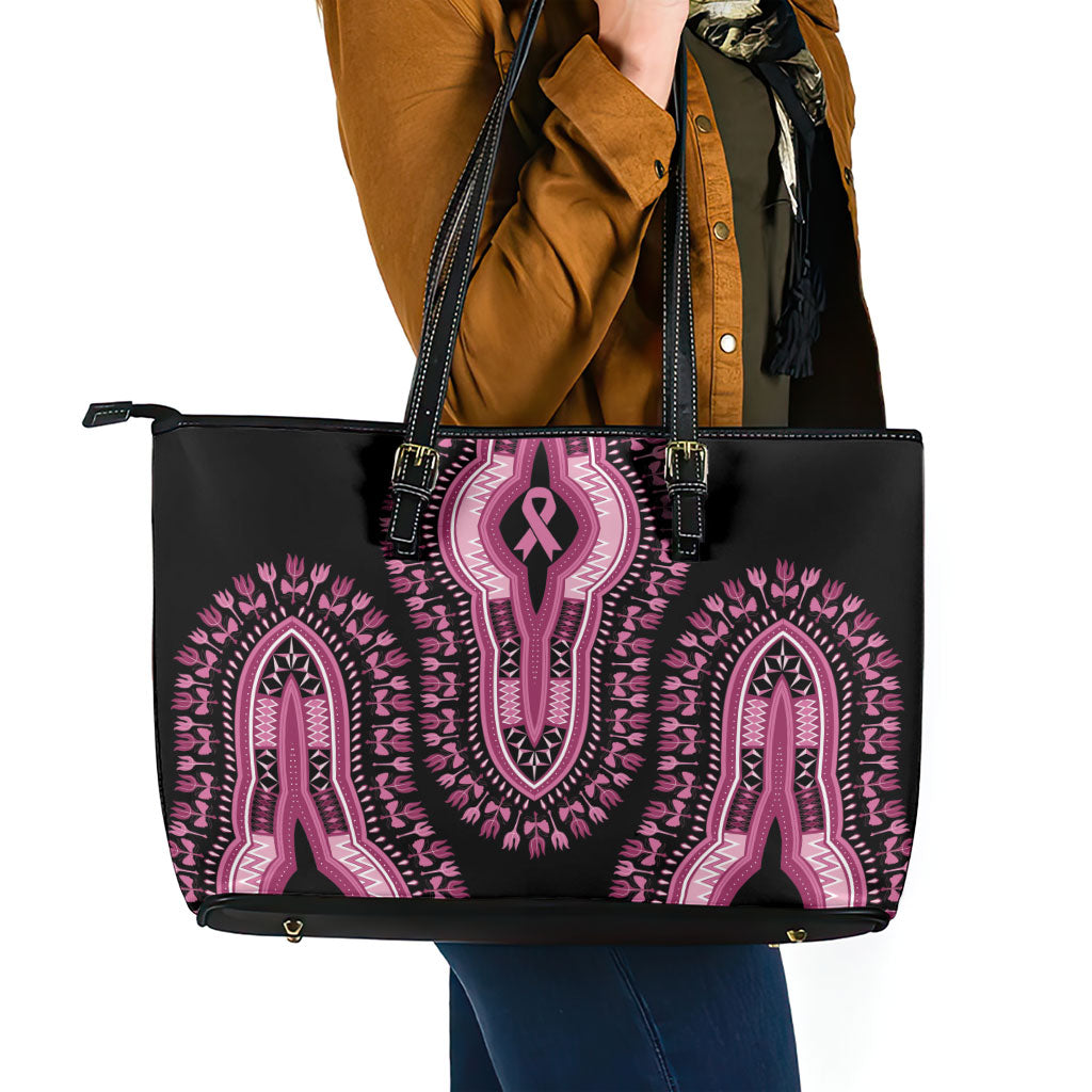 Breast Cancer Pink Ribbon Leather Tote Bag Dashiki Style