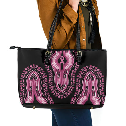 Breast Cancer Pink Ribbon Leather Tote Bag Dashiki Style