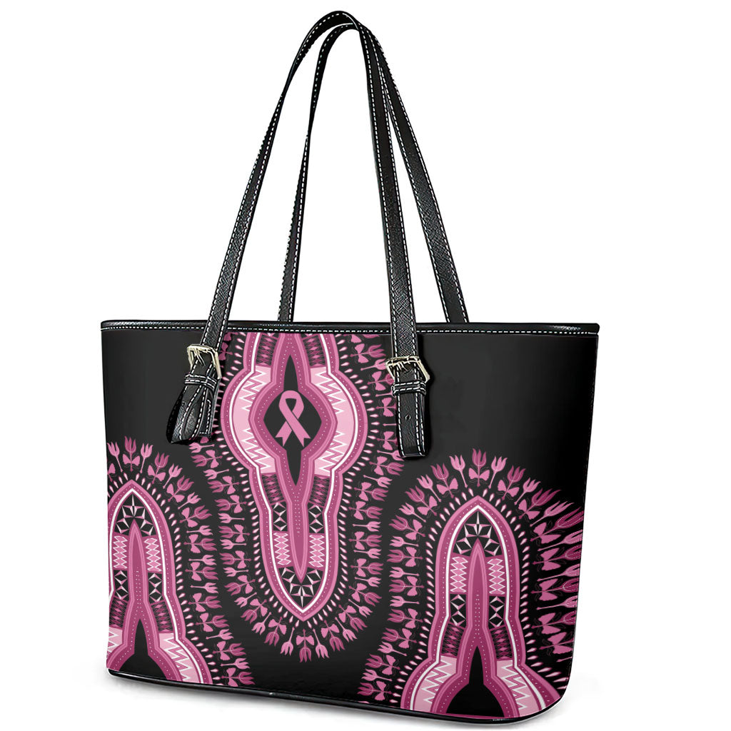 Breast Cancer Pink Ribbon Leather Tote Bag Dashiki Style
