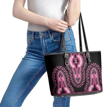 Breast Cancer Pink Ribbon Leather Tote Bag Dashiki Style