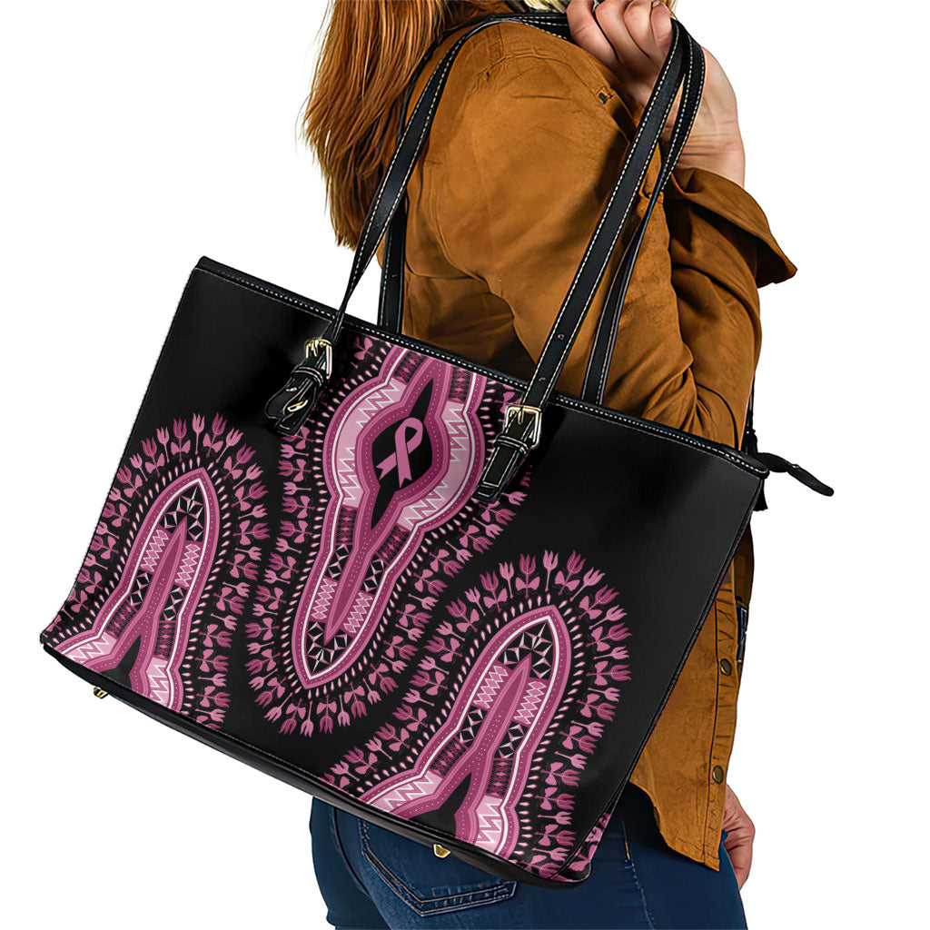 Breast Cancer Pink Ribbon Leather Tote Bag Dashiki Style