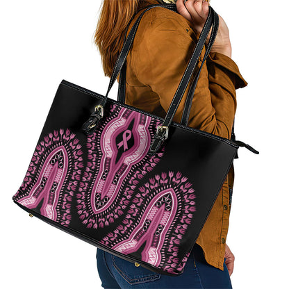 Breast Cancer Pink Ribbon Leather Tote Bag Dashiki Style