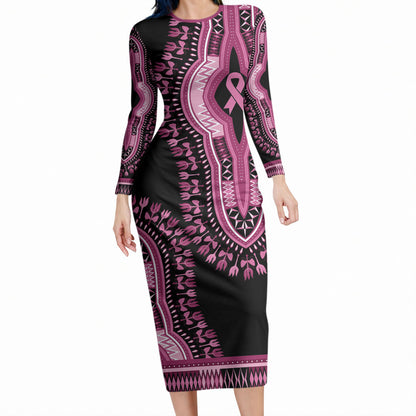Breast Cancer Pink Ribbon Long Sleeve Bodycon Dress Dashiki Style