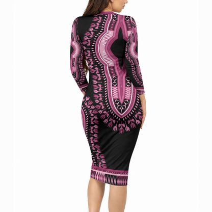 Breast Cancer Pink Ribbon Long Sleeve Bodycon Dress Dashiki Style