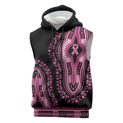 Breast Cancer Pink Ribbon Sleeveless Hoodie Dashiki Style