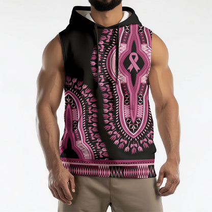 Breast Cancer Pink Ribbon Sleeveless Hoodie Dashiki Style