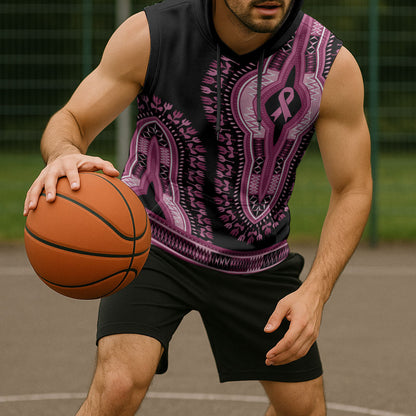 Breast Cancer Pink Ribbon Sleeveless Hoodie Dashiki Style