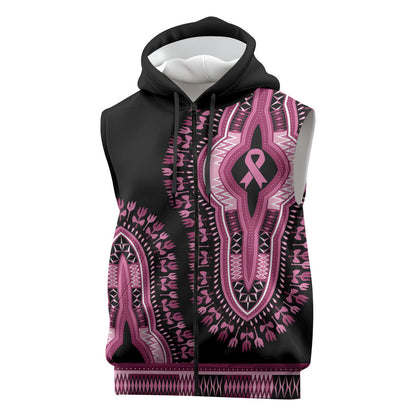 Breast Cancer Pink Ribbon Sleeveless Zip Hoodie Dashiki Style