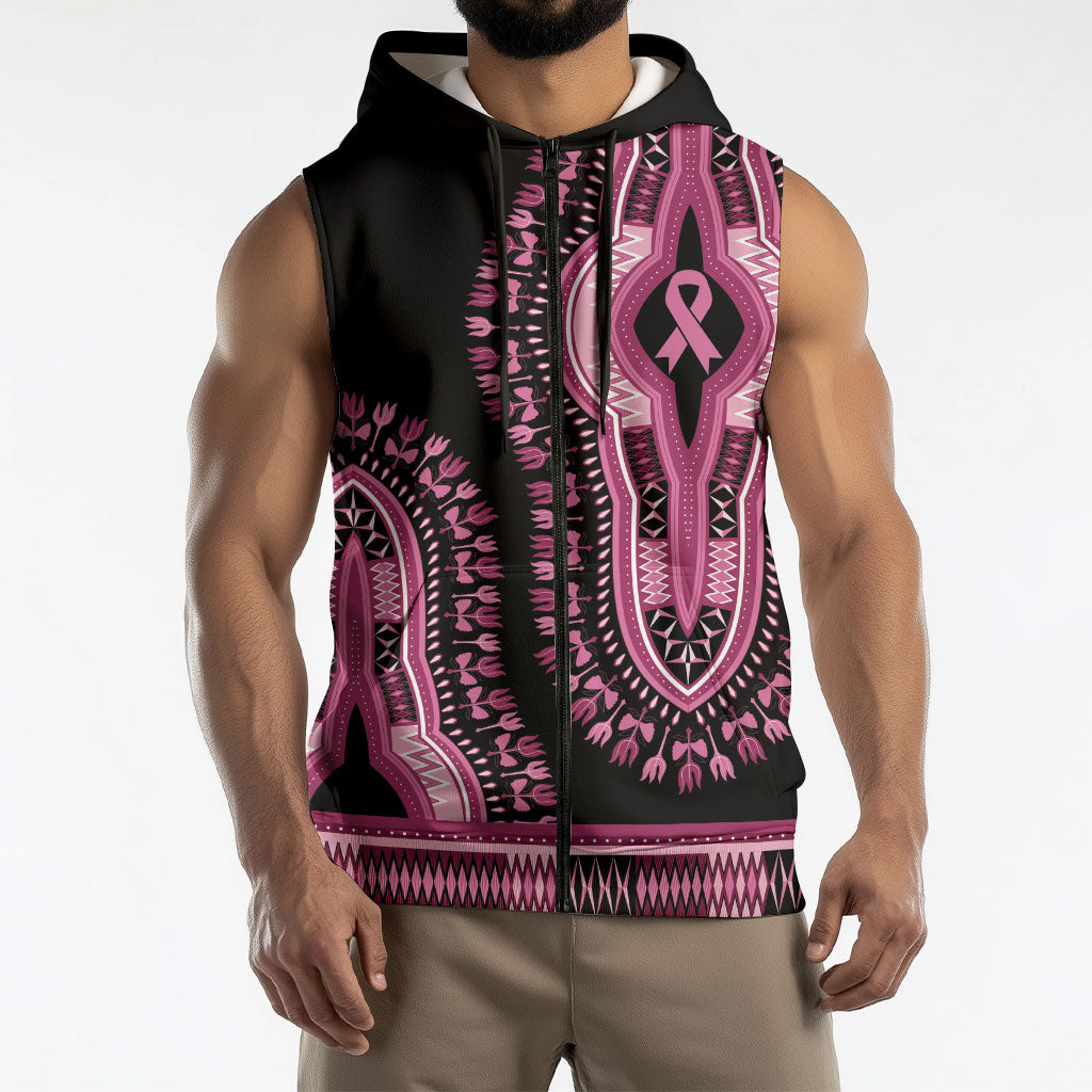 Breast Cancer Pink Ribbon Sleeveless Zip Hoodie Dashiki Style