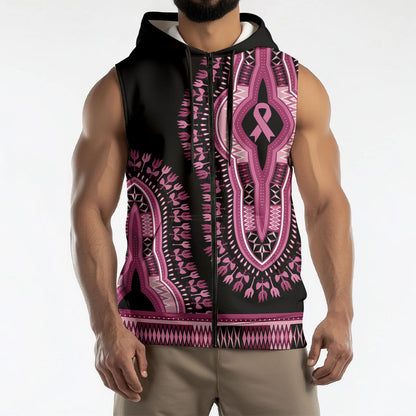 Breast Cancer Pink Ribbon Sleeveless Zip Hoodie Dashiki Style
