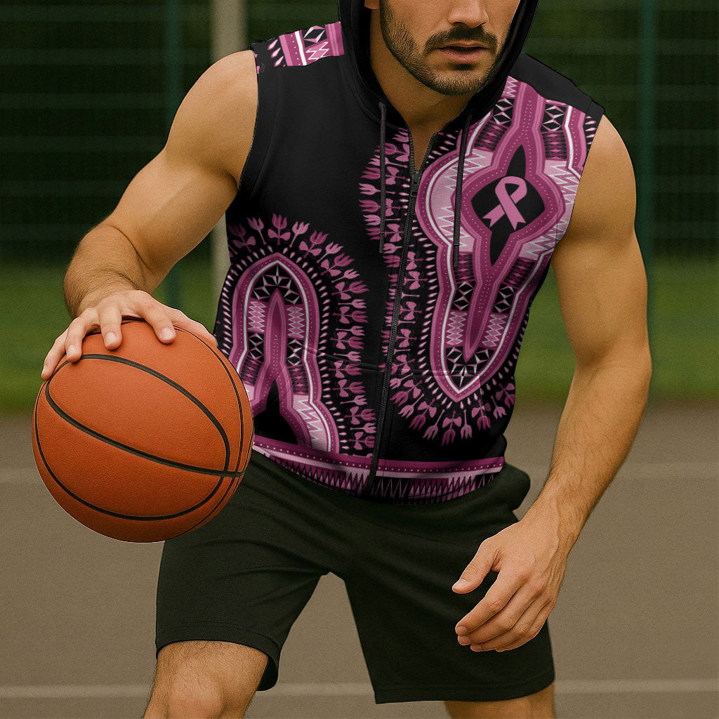 Breast Cancer Pink Ribbon Sleeveless Zip Hoodie Dashiki Style
