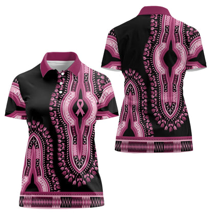 Breast Cancer Pink Ribbon Women Polo Shirt Dashiki Style