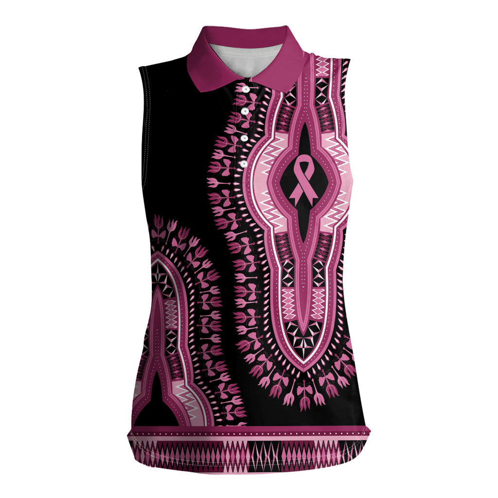 Breast Cancer Pink Ribbon Women Sleeveless Polo Shirt Dashiki Style